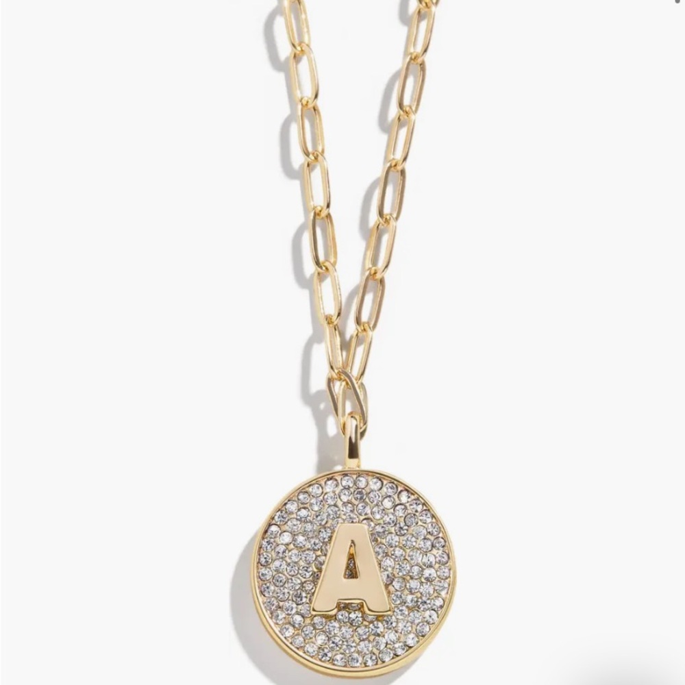 Baublebar Pave Initial Pendant Necklace Circle Disc Gold Chain A or C or J NWT